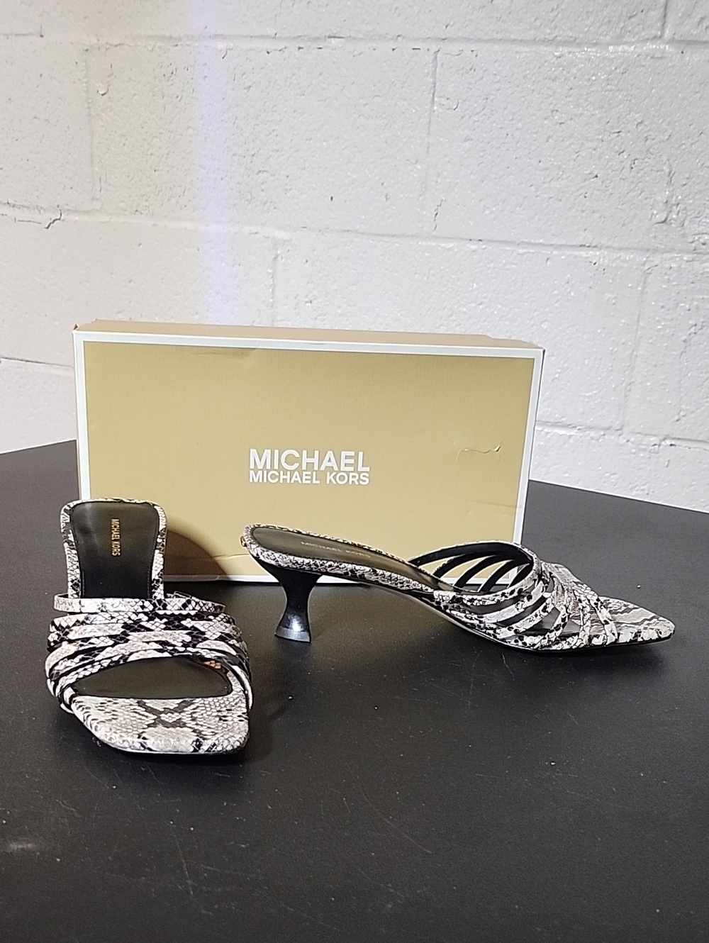 Michael Kors Black and White Snakeskin Print Kitten Heel Mules